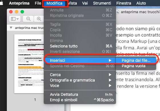 Anteprima Mac inserire pagina PDF da menu modifica