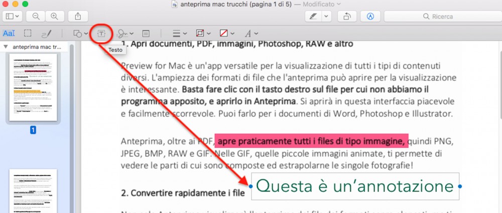 Anteprima Mac PDF icona aggiungi testo