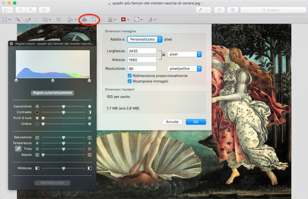 Anteprima Mac schermata regolazione dimensioni e colore