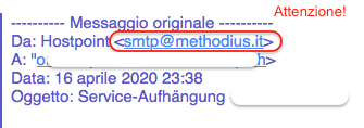 esempio mittente email phishing scam hostpoint
